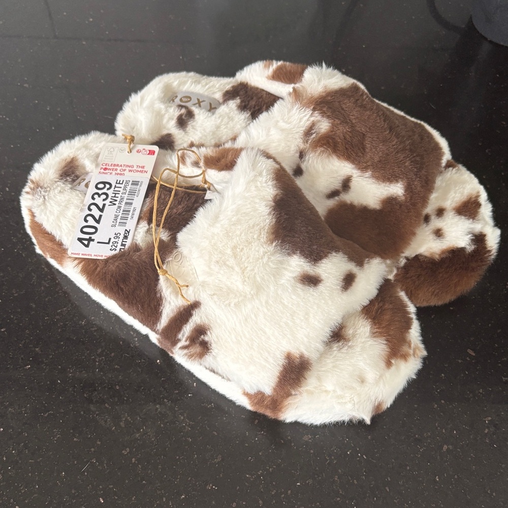 Roxy Brown and White Furry Slippers